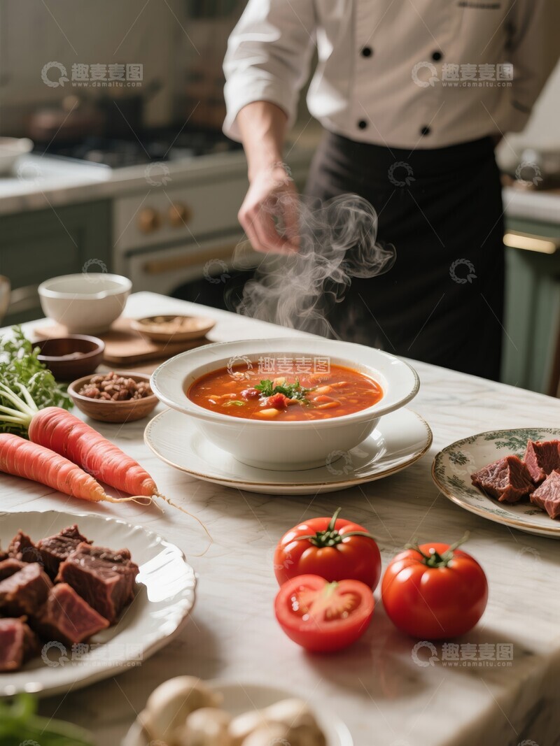 高清大图下载【趣麦麦图】厨师在厨房准备制作罗宋汤