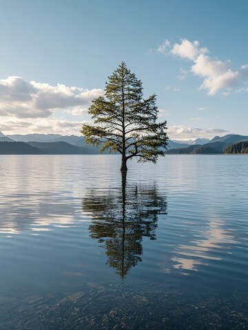 湖中孤树，倒影清晰