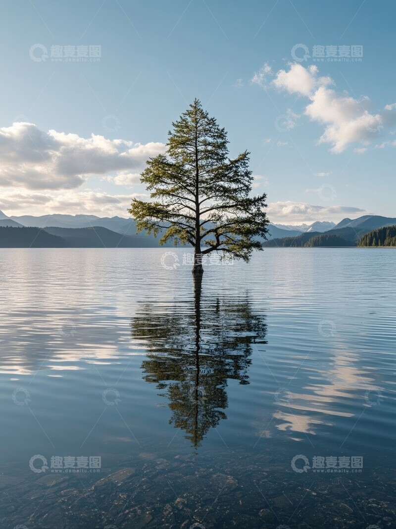 高清大图下载【趣麦麦图】湖中孤树，倒影清晰