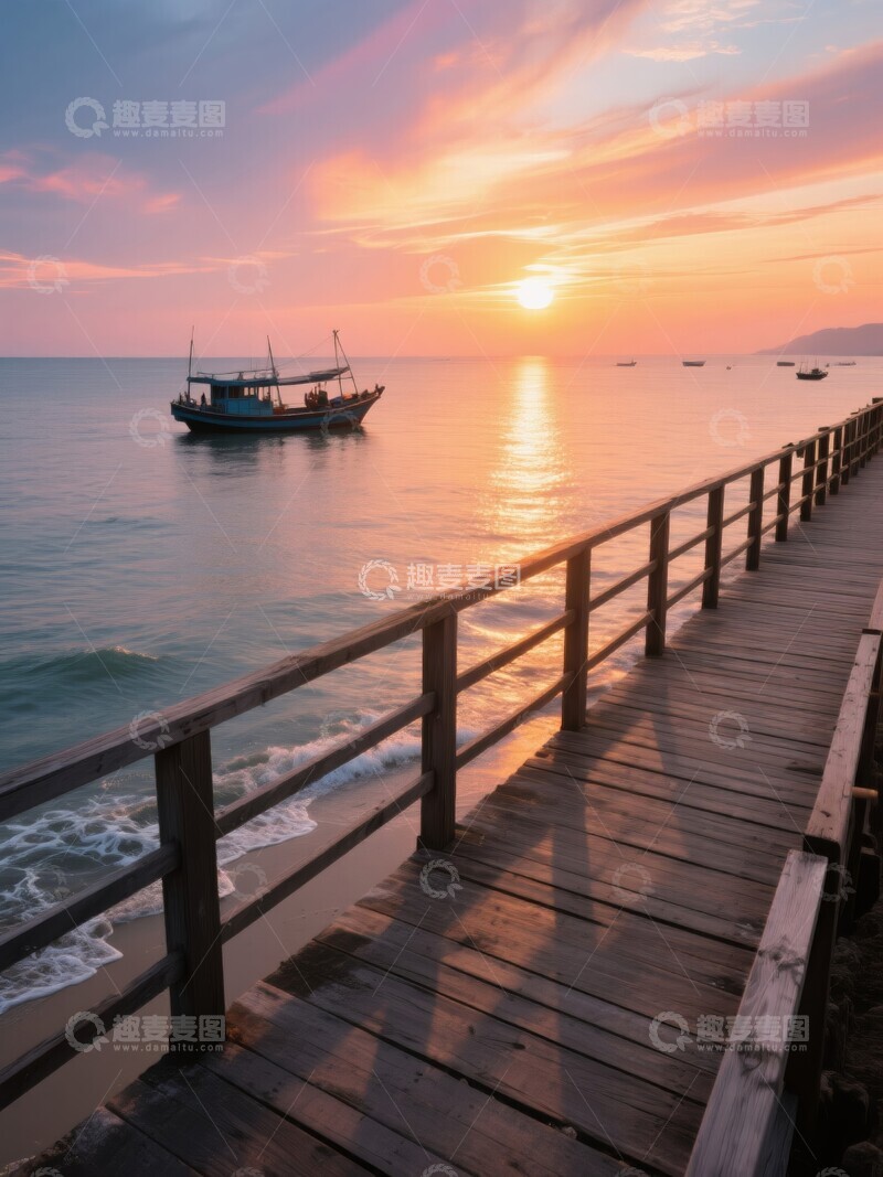 高清大图下载【趣麦麦图】日落海景与木栈桥