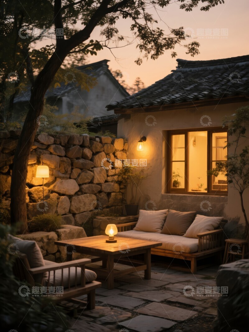 高清大图下载【趣麦麦图】山中小院夜景灯光温馨