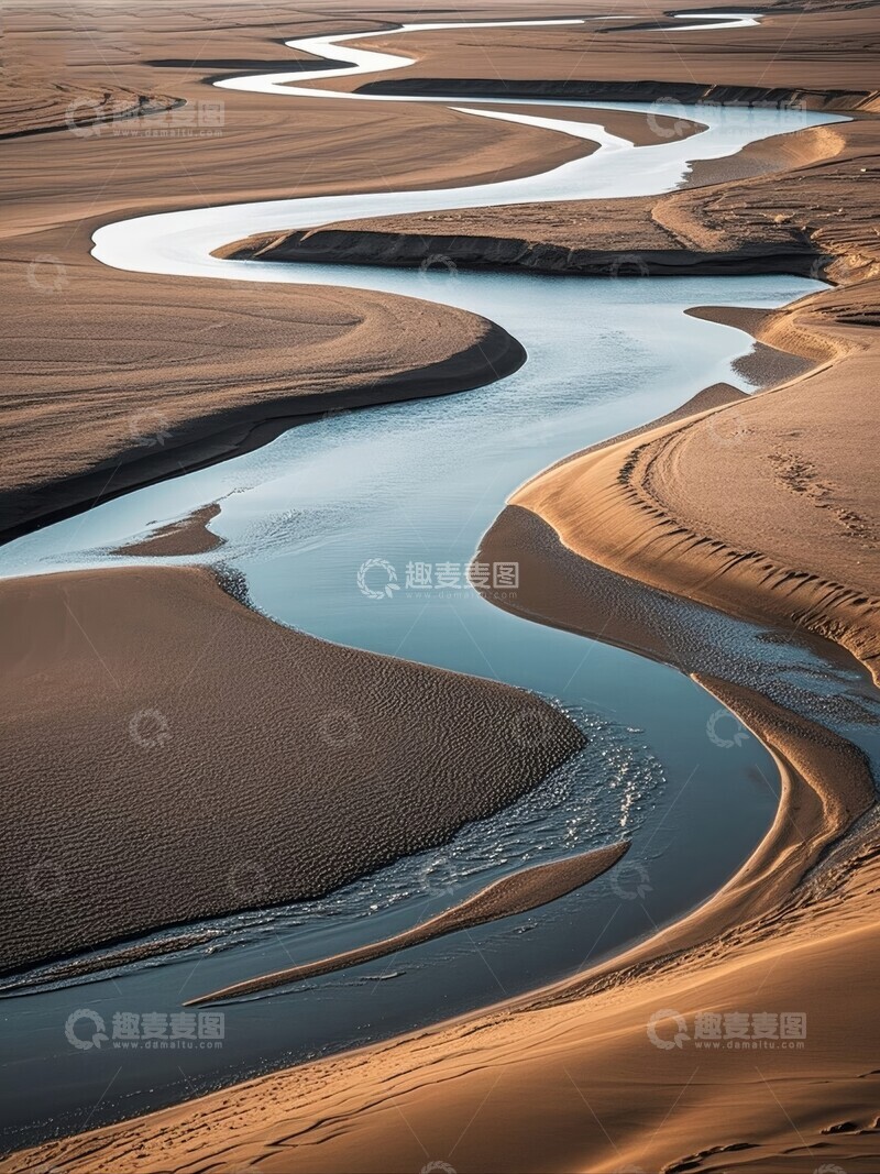 高清大图下载【趣麦麦图】蜿蜒河流穿行沙漠沙地