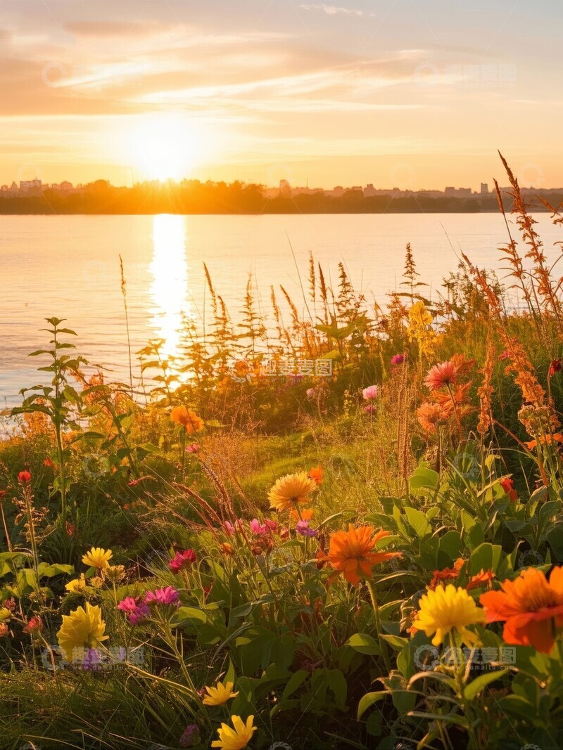 高清大图下载【趣麦麦图】秋日湖畔花海晨景