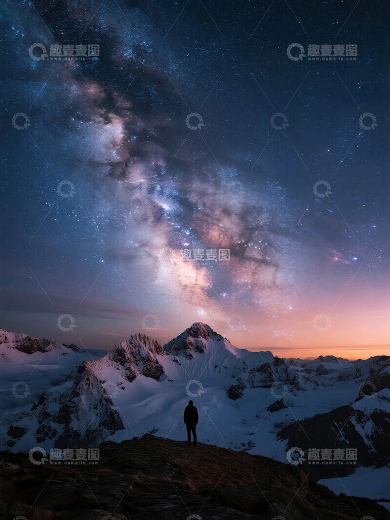 高清大图下载【趣麦麦图】雪山之巅仰望星空银河