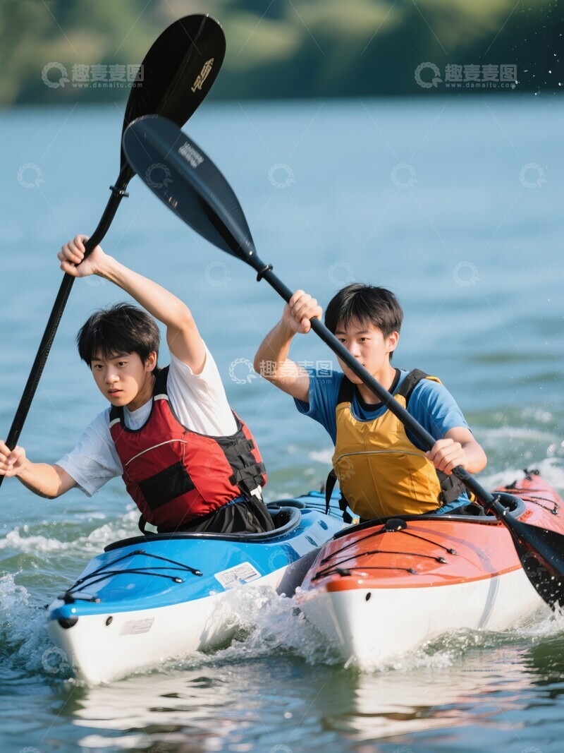 高清大图下载【趣麦麦图】两青年划皮划艇水面行进