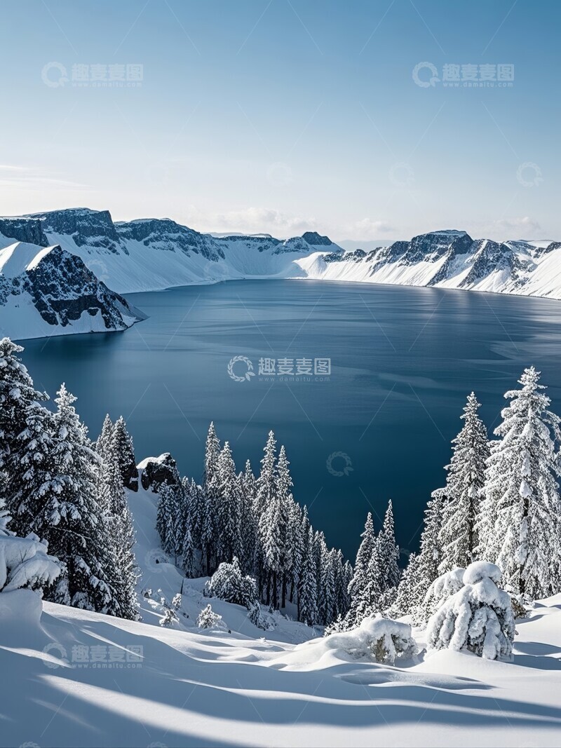 高清大图下载【趣麦麦图】雪山环绕的天池冬景