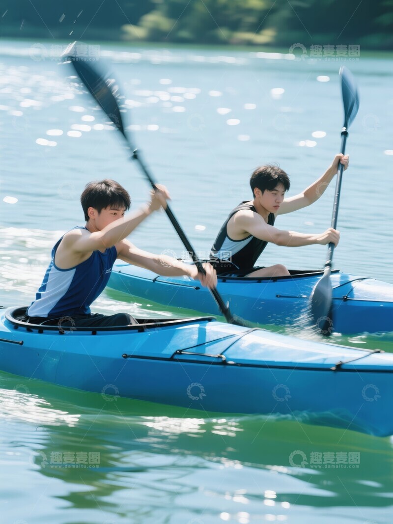 高清大图下载【趣麦麦图】两个青年划皮划艇水面行进