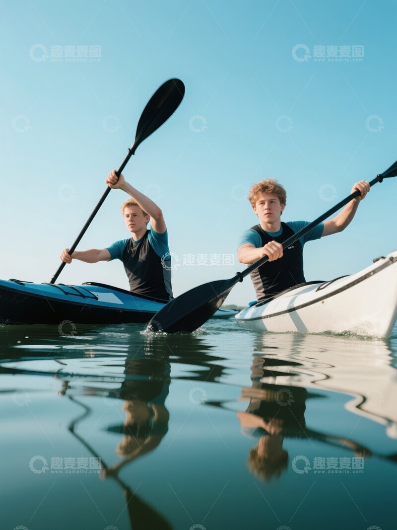 高清大图下载【趣麦麦图】两青年男子划皮划艇水上运动