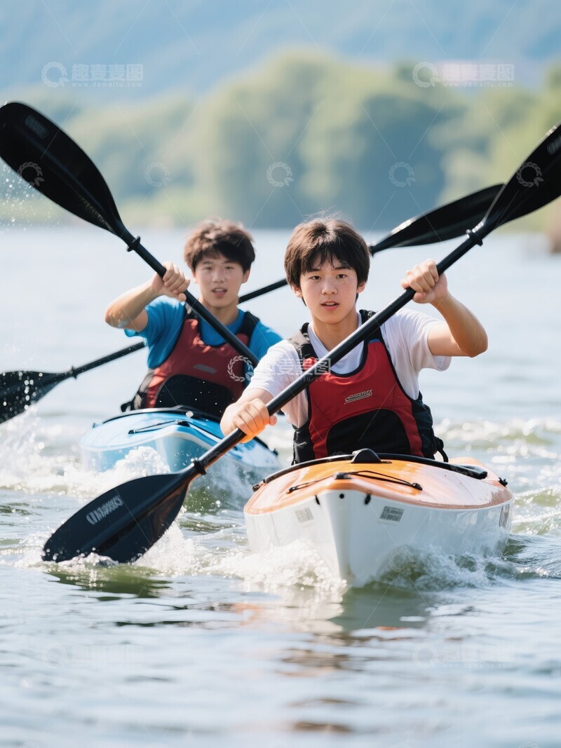 高清大图下载【趣麦麦图】两个青年男子划皮划艇水面行进