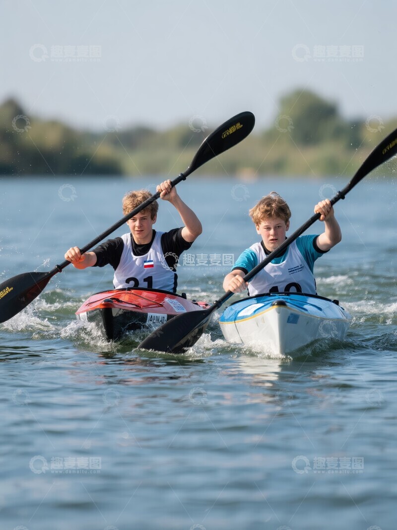 高清大图下载【趣麦麦图】两男子划皮划艇水面行进