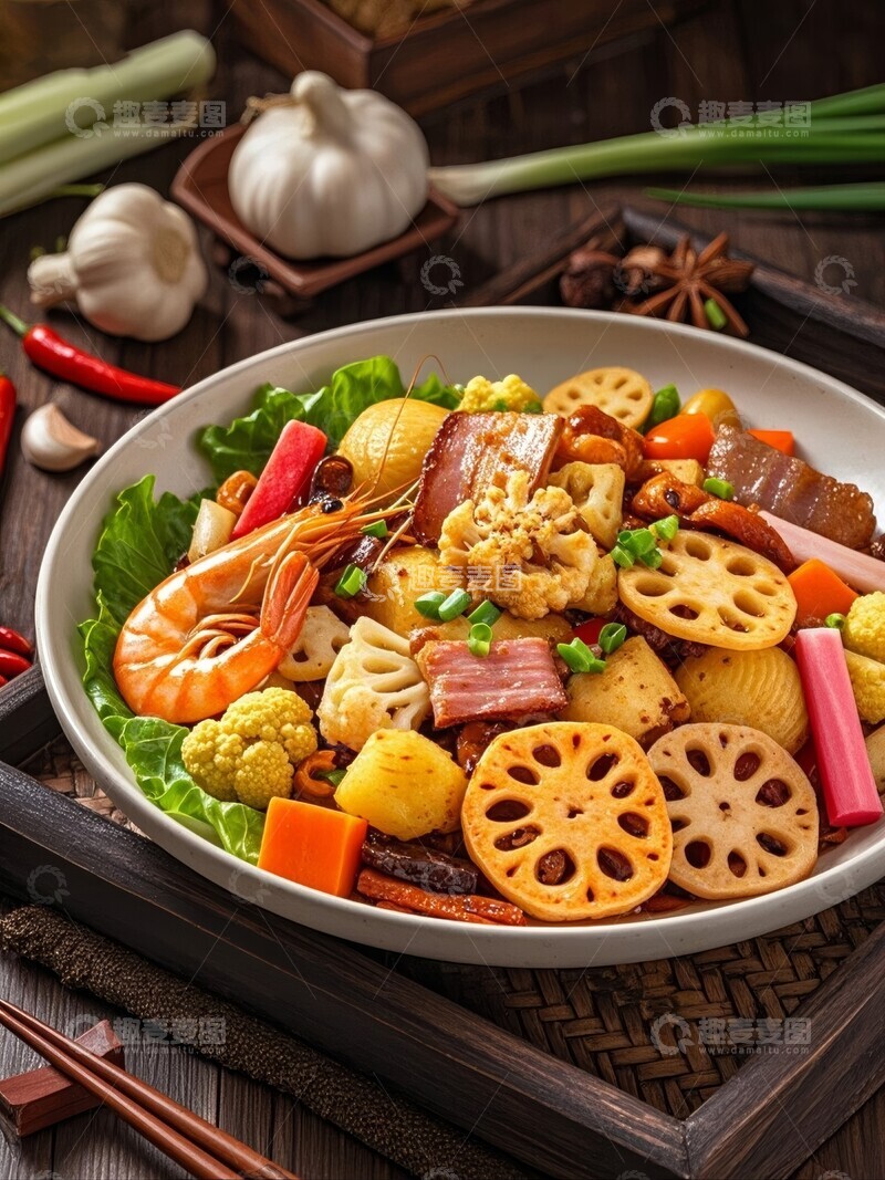 高清大图下载【趣麦麦图】色彩丰富的蔬菜海鲜麻辣香锅