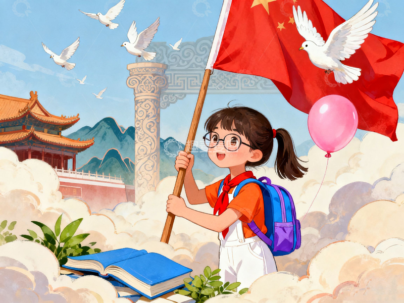高清大图下载【趣麦麦图】国庆女孩举红旗插画手绘爱国场景