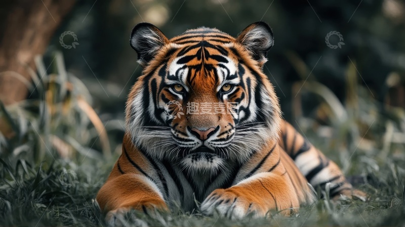 高清大图下载【趣麦麦图】趴在草丛里的一只老虎