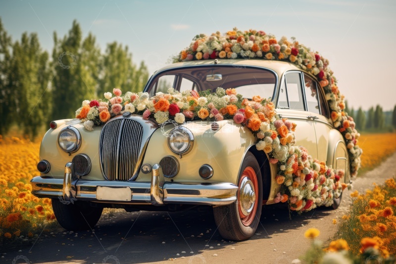 高清大图下载【趣麦麦图】充满鲜花装饰的小汽车