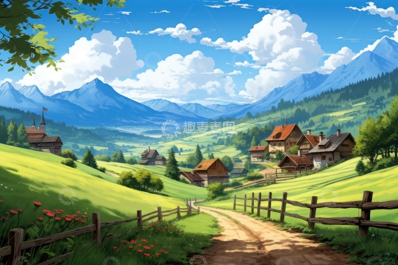 高清大图下载【趣麦麦图】卡通简约夏季村镇风景