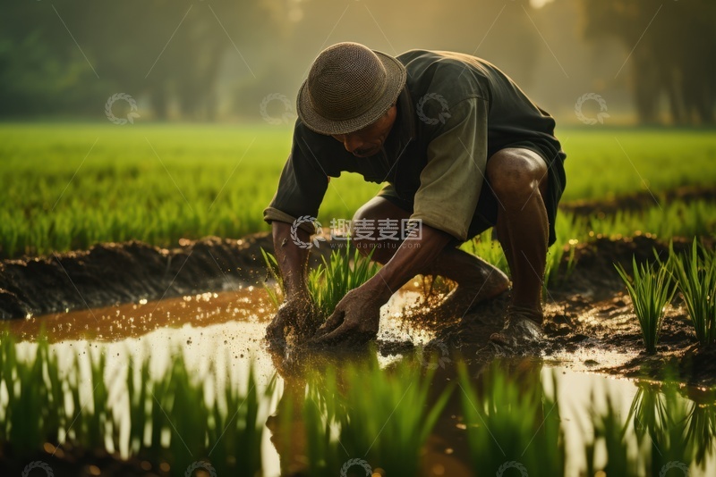 高清大图下载【趣麦麦图】农田里插秧的一位农民