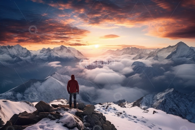 高清大图下载【趣麦麦图】站在雪山之巅的旅人