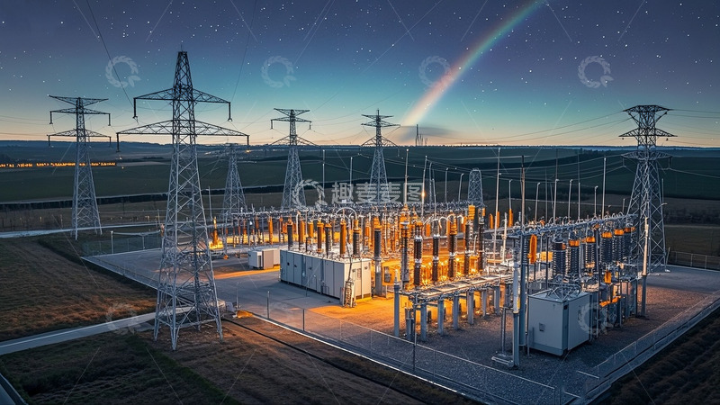 高清大图下载【趣麦麦图】夜空下的电力变电站景观