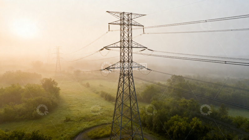 高清大图下载【趣麦麦图】晨雾中的高压输电塔景观