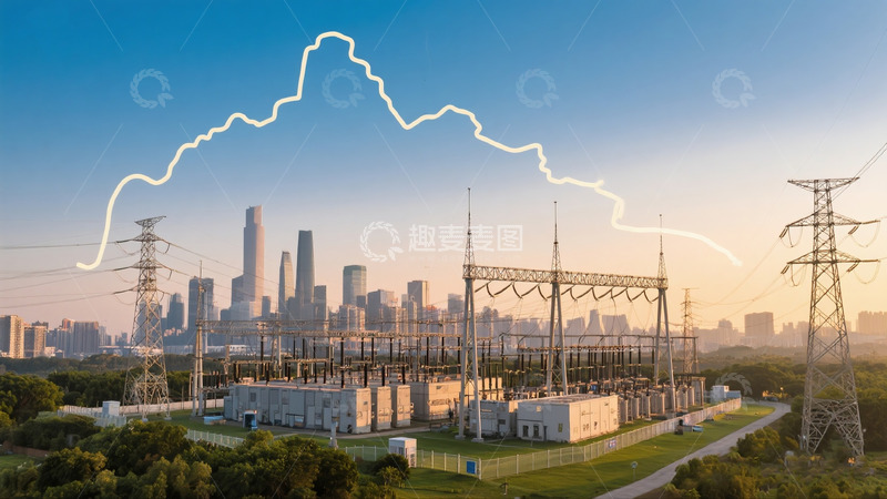 高清大图下载【趣麦麦图】电力设施与城市天际线