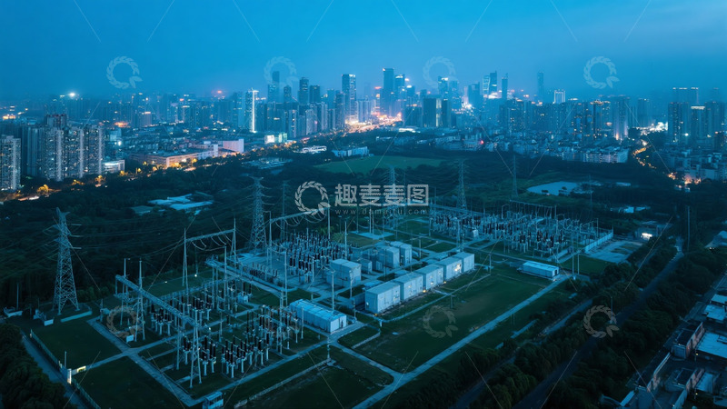 高清大图下载【趣麦麦图】夜幕下的城市变电站景观
