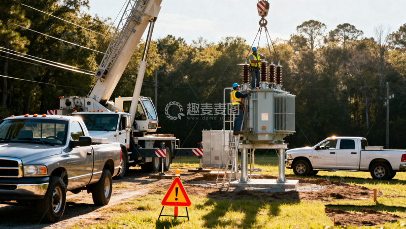 高清大图下载【趣麦麦图】电力工人安装变压器现场