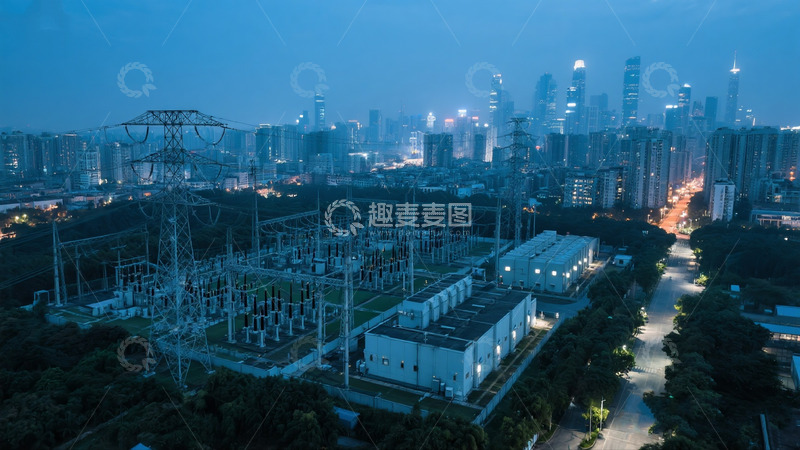 高清大图下载【趣麦麦图】夜幕下的城市变电站景观