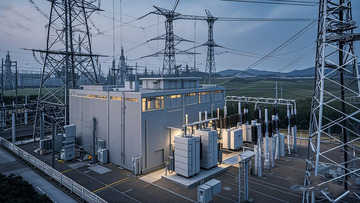 黄昏下的现代电力变电站