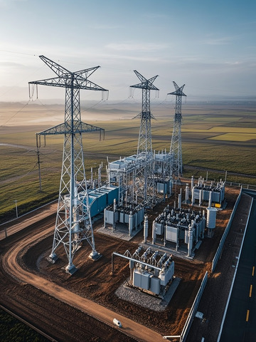 旷野中的高压输电变电站
