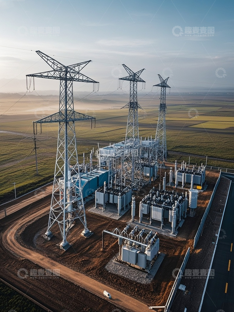 高清大图下载【趣麦麦图】-旷野中的高压输电变电站