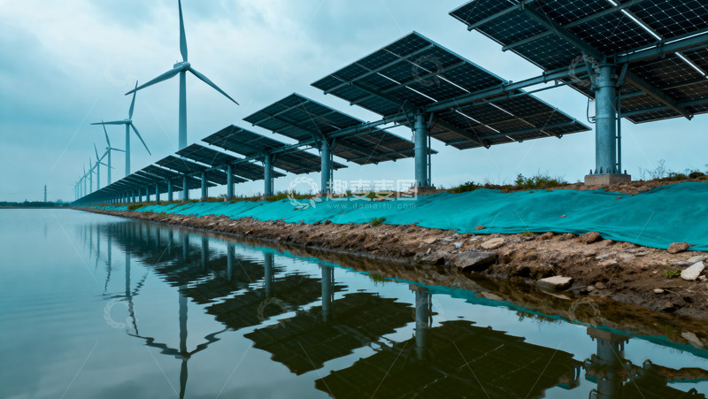 高清大图下载【趣麦麦图】水边风电与太阳能发电场