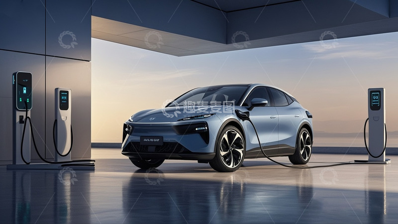 高清大图下载【趣麦麦图】银灰色新能源汽车正在充电