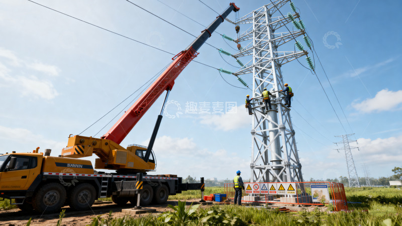 高清大图下载【趣麦麦图】电力工人进行铁塔施工