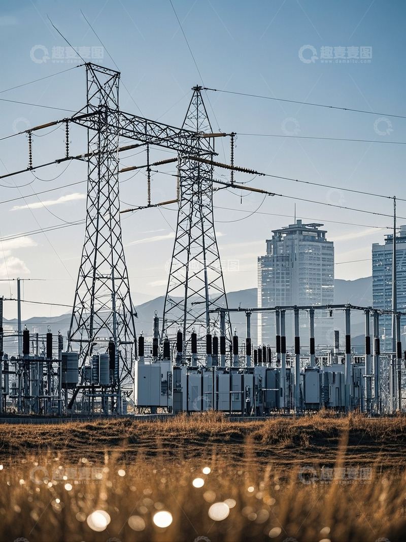 高清大图下载【趣麦麦图】城市旁的高压输电设施
