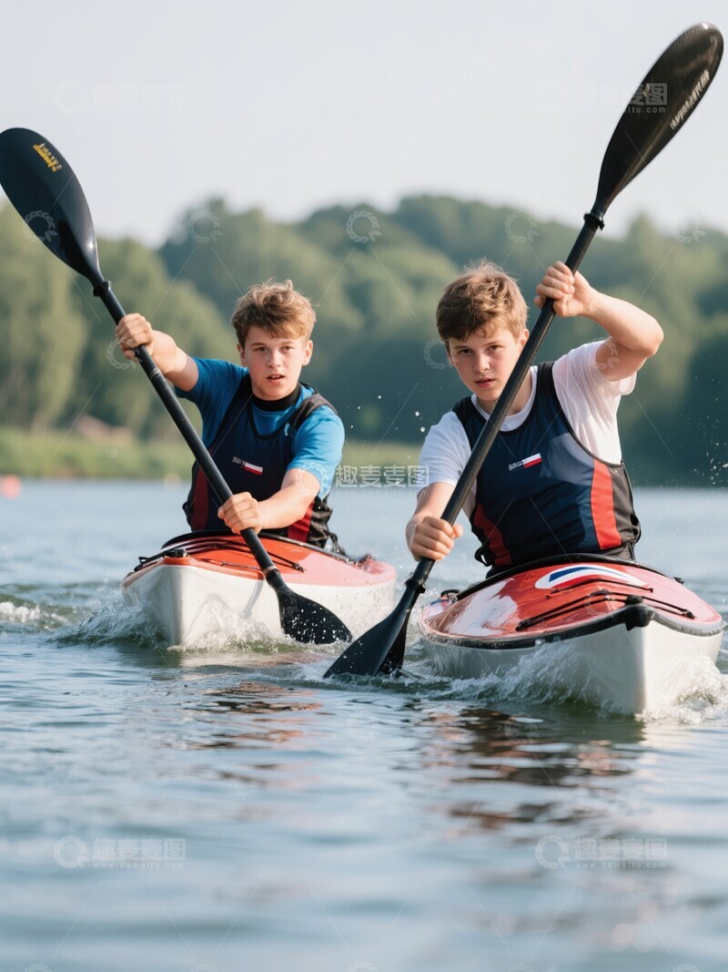 高清大图下载【趣麦麦图】两人划皮划艇水面行进