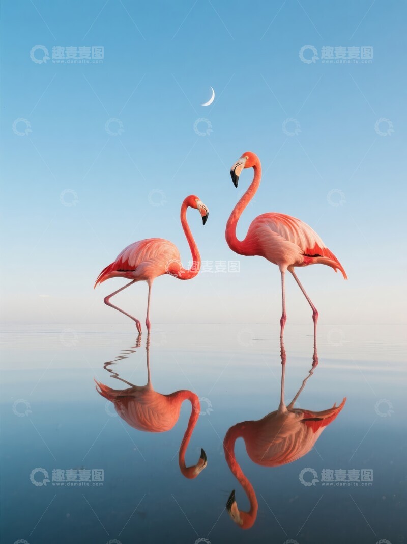 高清大图下载【趣麦麦图】月下两只火烈鸟在水中倒影
