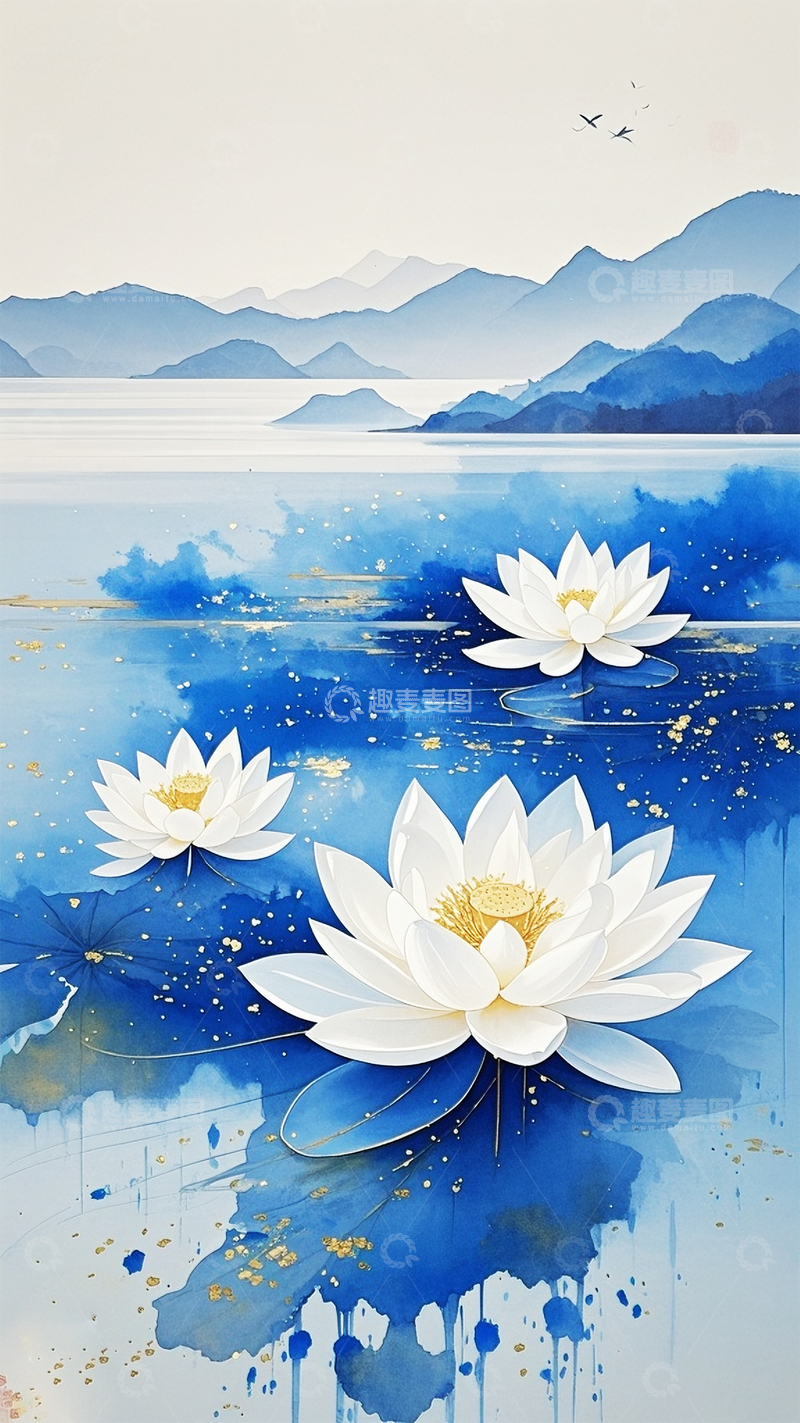 高清大图下载【趣麦麦图】东方禅意境水彩泼墨荷花素材6