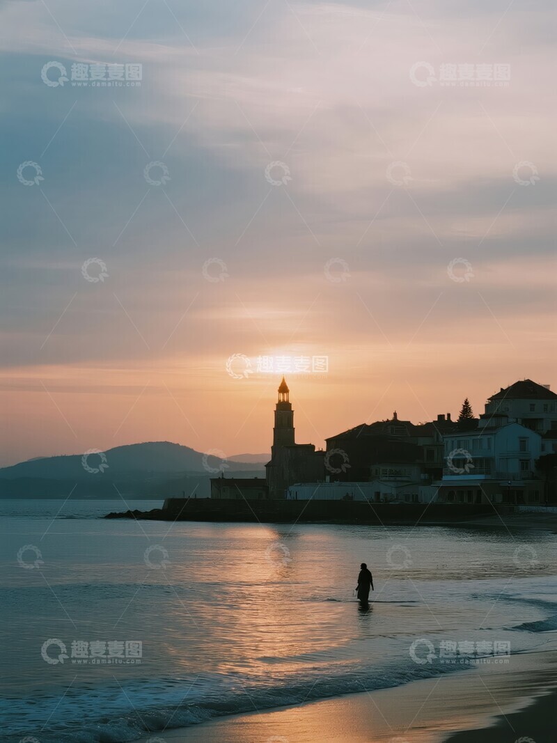 高清大图下载【趣麦麦图】日落时分海边灯塔剪影
