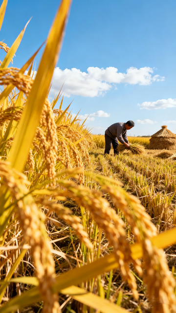 农民田间忙碌收割金黄麦田2