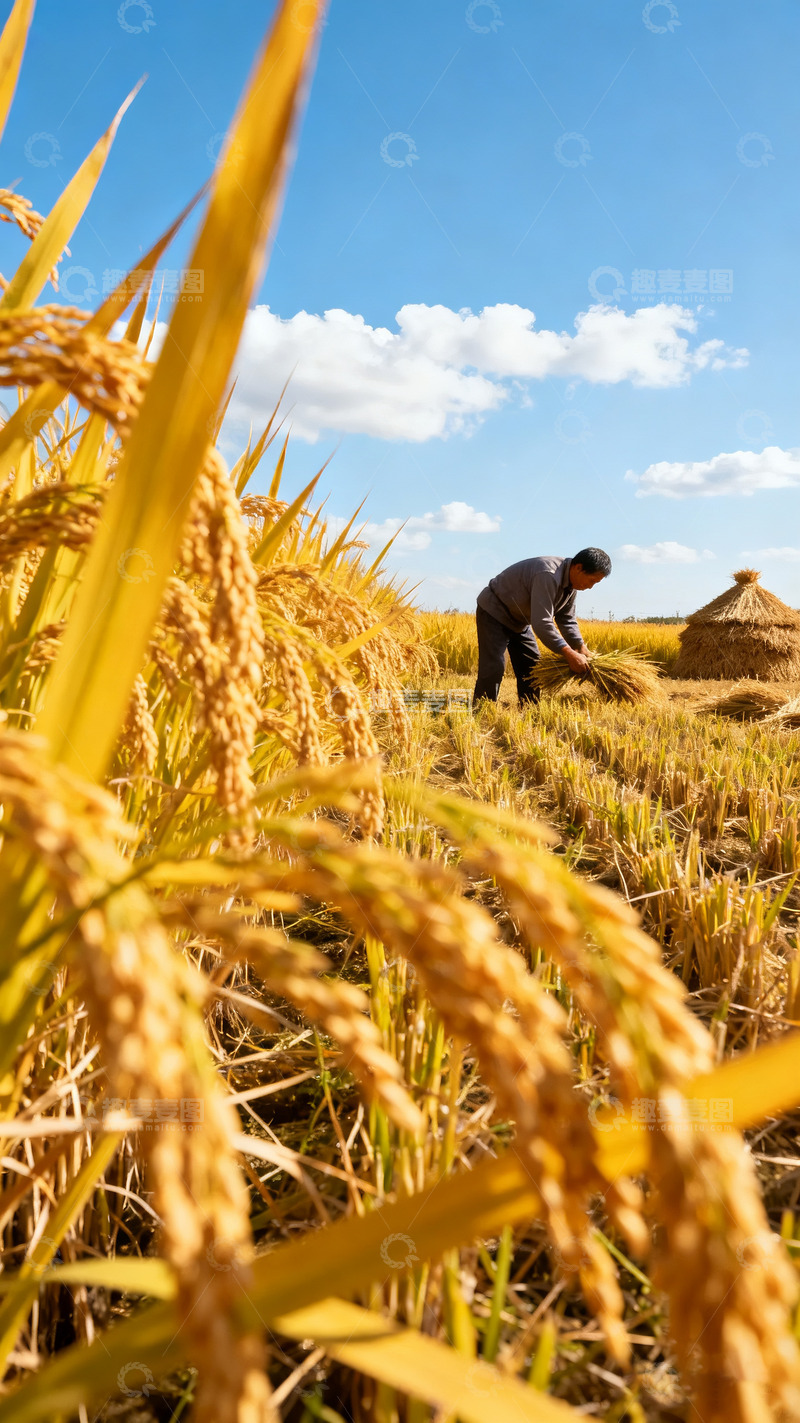 高清大图下载【趣麦麦图】农民田间忙碌收割金黄麦田2