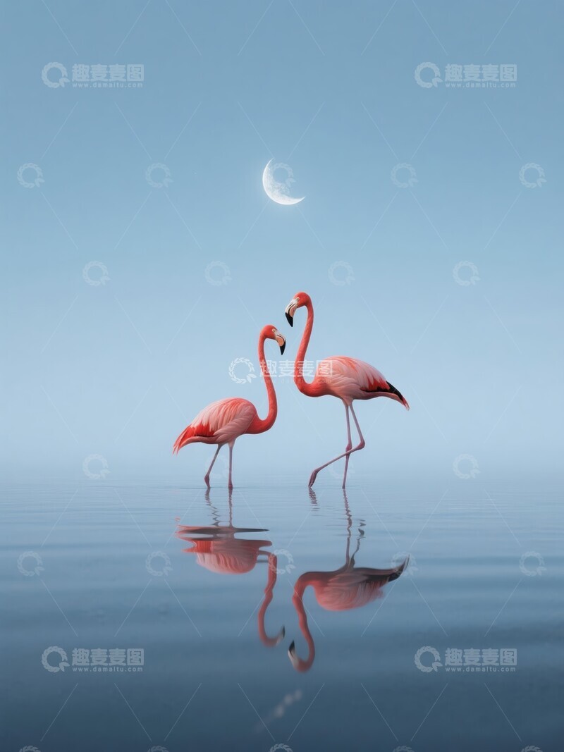 高清大图下载【趣麦麦图】月下双火烈鸟水中倒影
