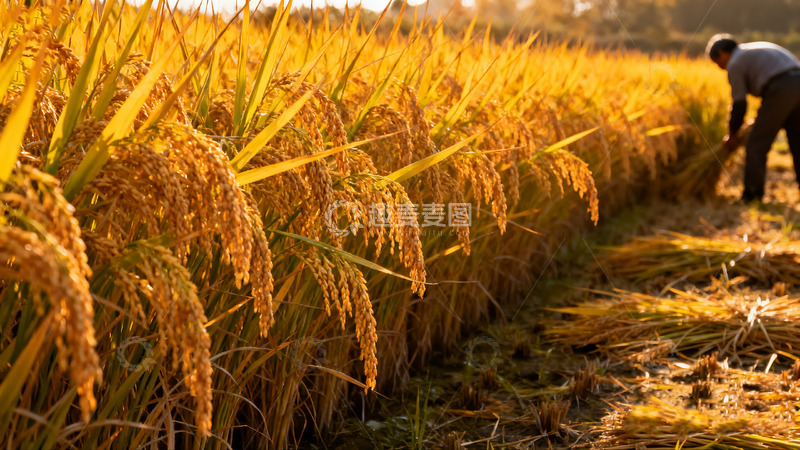 高清大图下载【趣麦麦图】农民田间收割金黄稻谷2