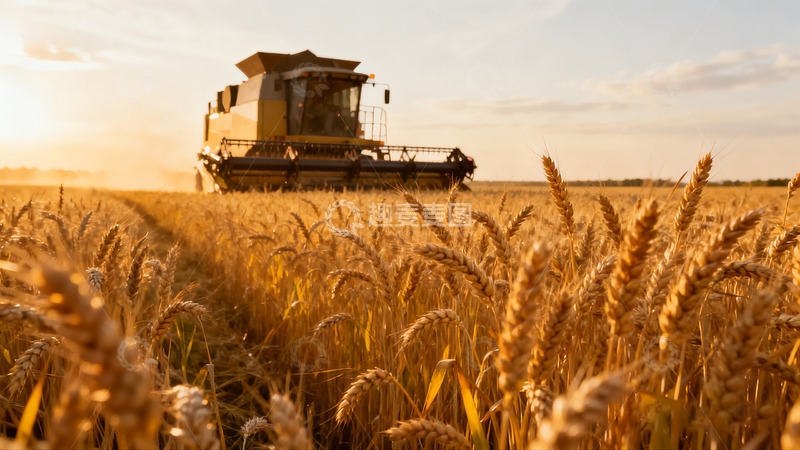 高清大图下载【趣麦麦图】夕阳下麦田收割机作业