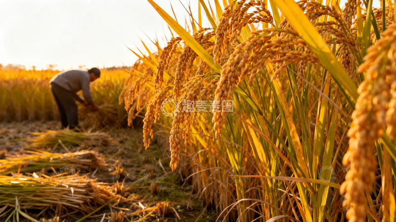 高清大图下载【趣麦麦图】农民田间忙碌收割金黄稻谷0