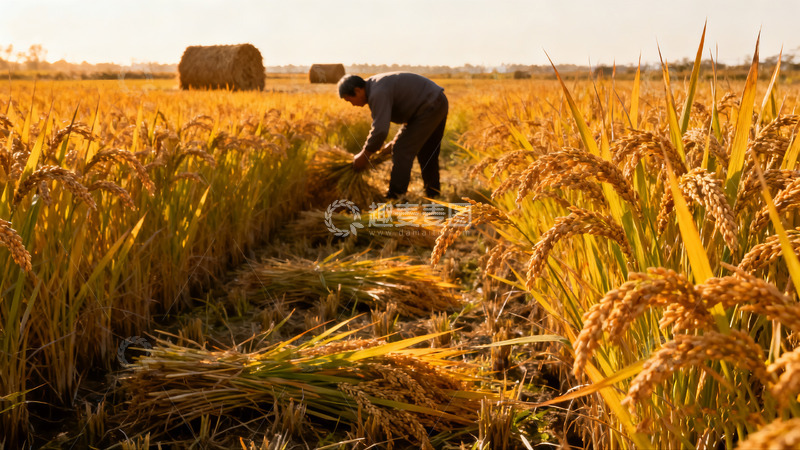 高清大图下载【趣麦麦图】农民田间收割金黄稻谷