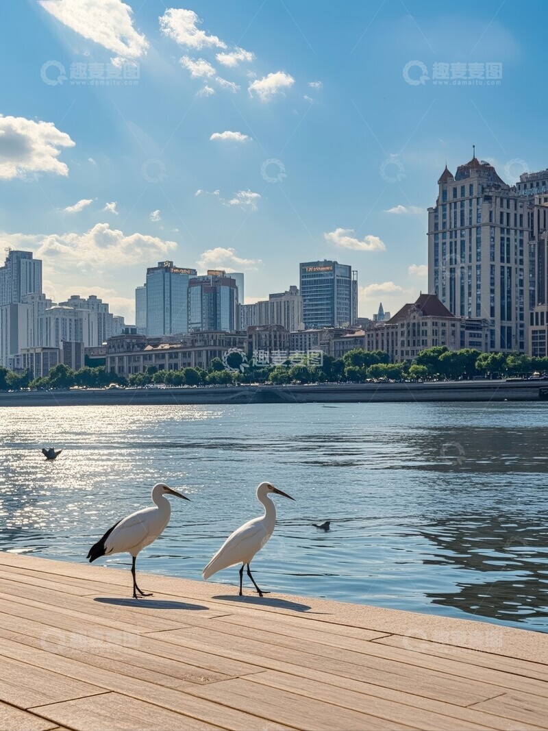 高清大图下载【趣麦麦图】白鹭在湖边木栈道上行走