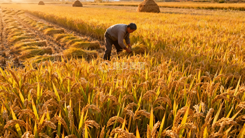 高清大图下载【趣麦麦图】老农田间收割金黄稻谷01