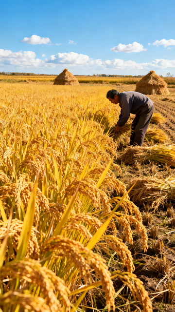 农民田间忙碌收割金黄麦田