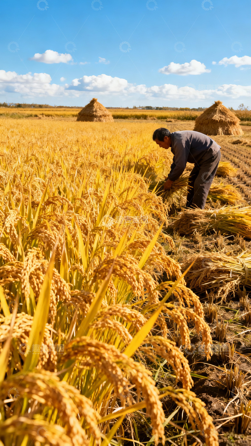 高清大图下载【趣麦麦图】农民田间忙碌收割金黄麦田