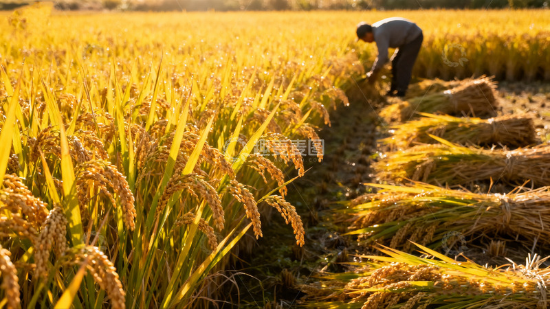 高清大图下载【趣麦麦图】老农田间收割金黄稻谷0